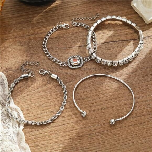 4 Piece Silver Bracelets Set Dainty for Women 14K Plated Link Cubic Zirconia - Picture 5 of 7